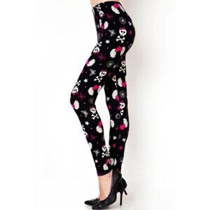 BLACK   Pink skull   cross bones heart print full length Leggings Size 2-10 NWT
